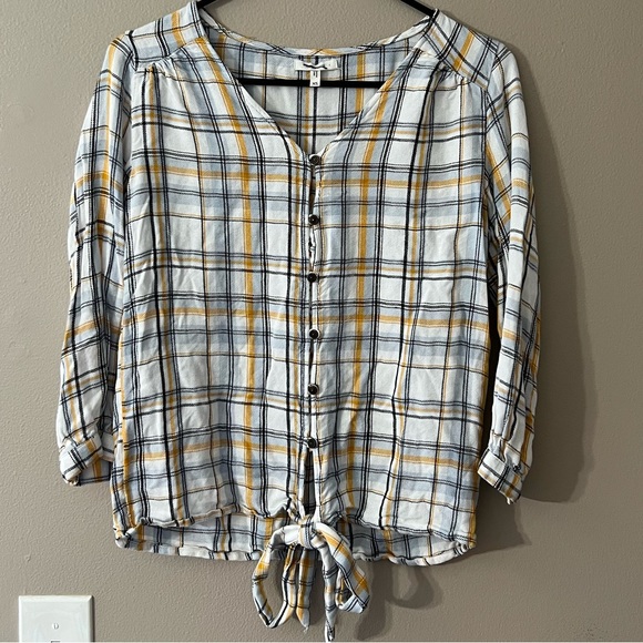 Maurices Women Long Sleeve Top White Yellow Plaid Tie Front Button Up - XS - Picture 3 of 15